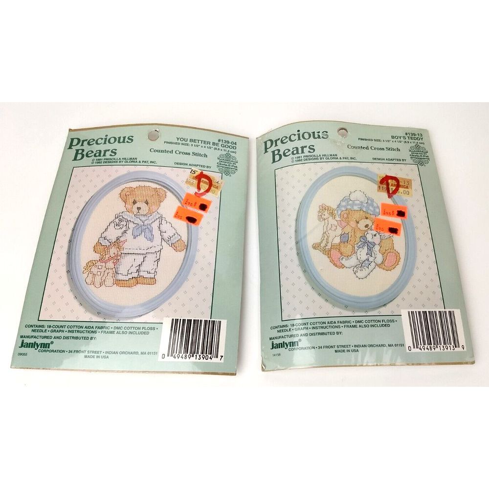 Janlynn PRECIOUS BEARS Counted Cross Stitch‎ Kits Frame Vintage 1995 Lot of 2
